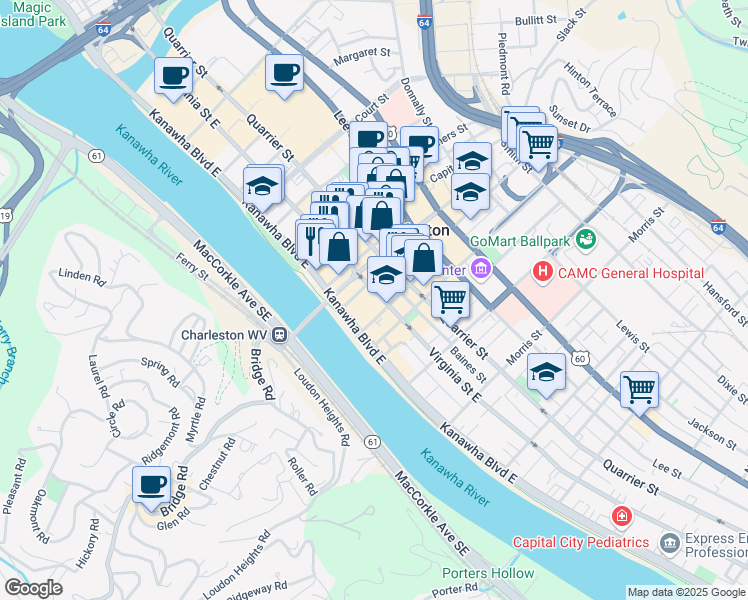 map of restaurants, bars, coffee shops, grocery stores, and more near 1009 Virginia Street East in Charleston