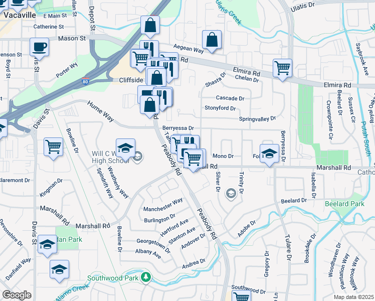 map of restaurants, bars, coffee shops, grocery stores, and more near 184 Tahoe Drive in Vacaville