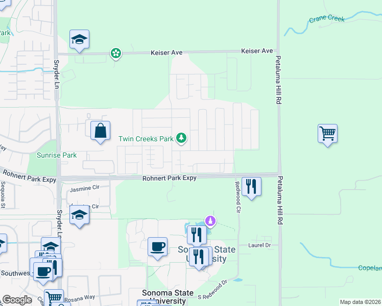 map of restaurants, bars, coffee shops, grocery stores, and more near 2001 Kingwood Road in Rohnert Park