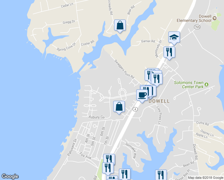 map of restaurants, bars, coffee shops, grocery stores, and more near 13460 Stowaway Ct in Solomons