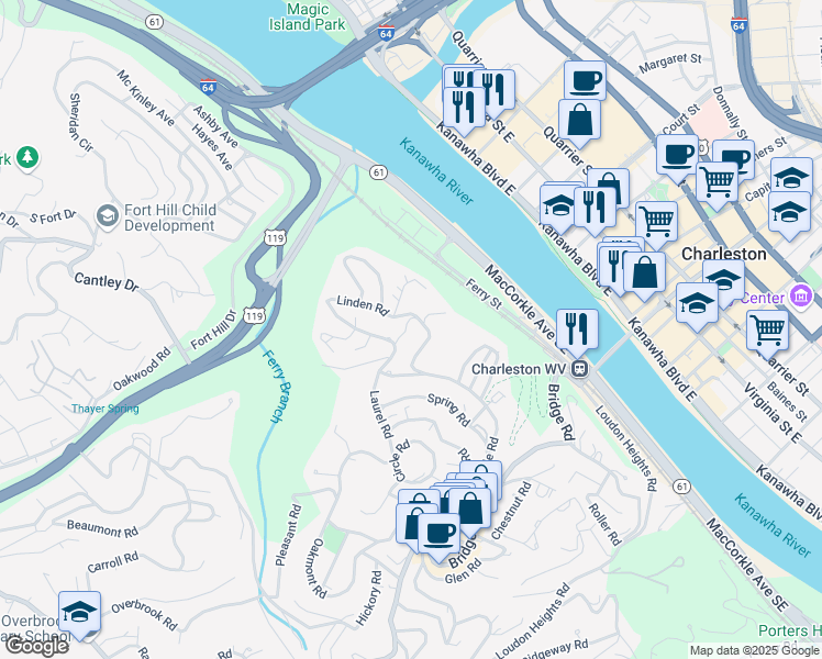 map of restaurants, bars, coffee shops, grocery stores, and more near 640 Holly Road in Charleston