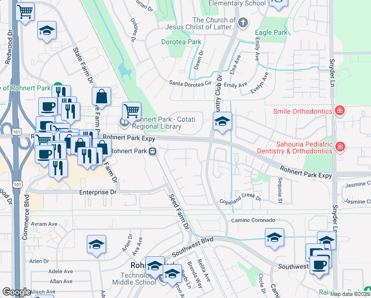 map of restaurants, bars, coffee shops, grocery stores, and more near 225 Walnut Circle in Rohnert Park