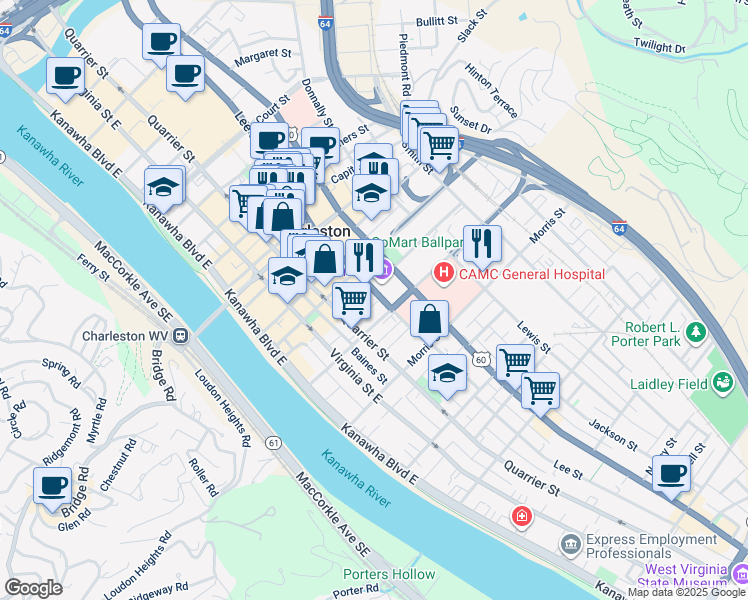map of restaurants, bars, coffee shops, grocery stores, and more near 1117 Lee Street East in Charleston