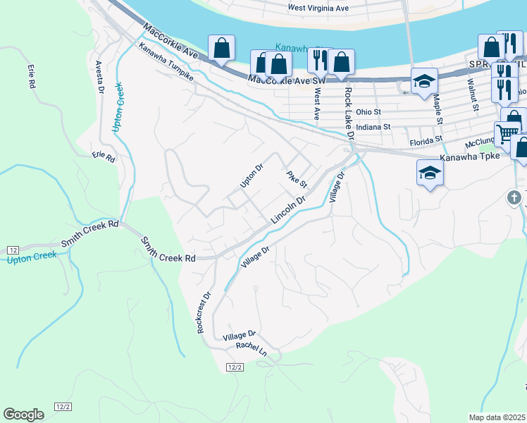 map of restaurants, bars, coffee shops, grocery stores, and more near 5306 Chestnut Avenue in South Charleston