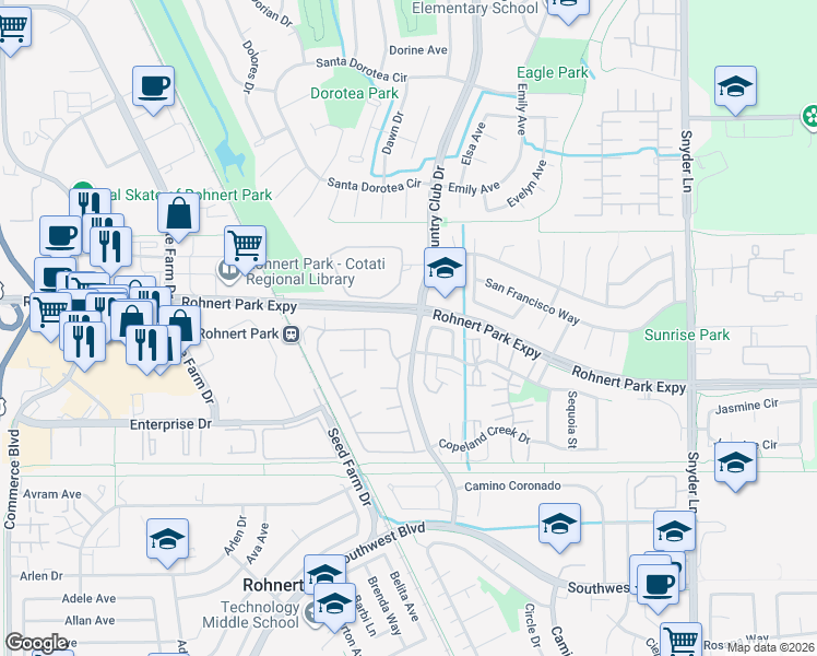 map of restaurants, bars, coffee shops, grocery stores, and more near 6351 Country Club Drive in Rohnert Park