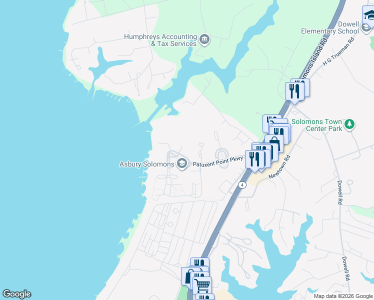 map of restaurants, bars, coffee shops, grocery stores, and more near 11355 Asbury Circle in Solomons