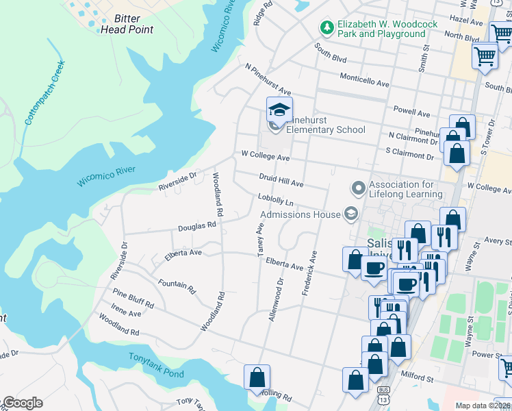 map of restaurants, bars, coffee shops, grocery stores, and more near 500 Douglas Rd in Salisbury