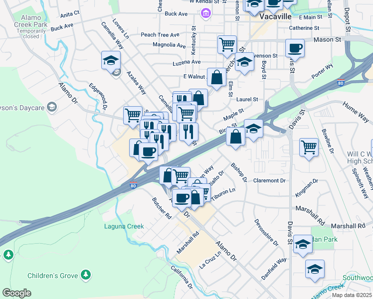 map of restaurants, bars, coffee shops, grocery stores, and more near 909 Merchant Street in Vacaville