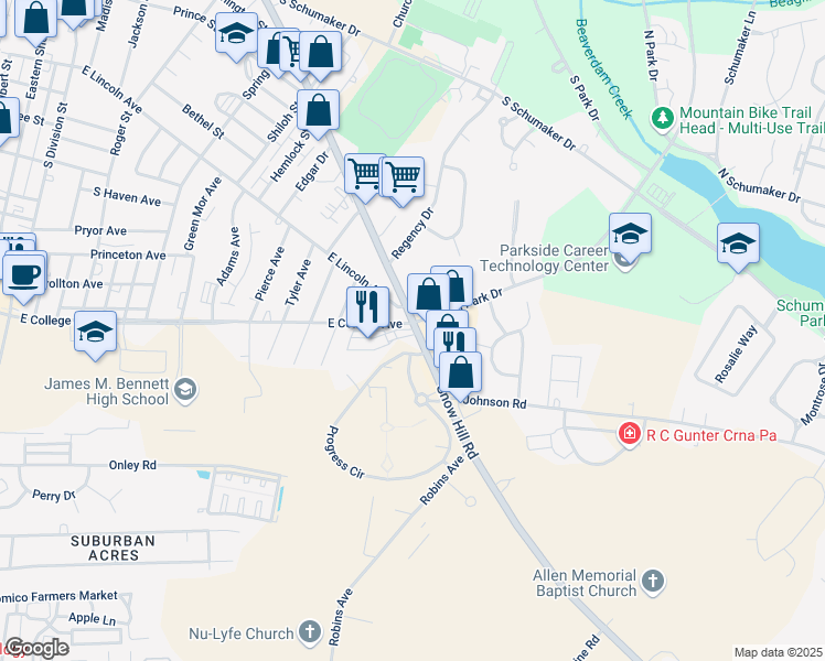 map of restaurants, bars, coffee shops, grocery stores, and more near 901 Snow Hill Road in Salisbury