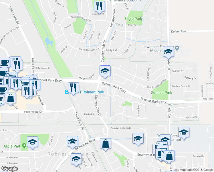 map of restaurants, bars, coffee shops, grocery stores, and more near 909 Civic Center Drive in Rohnert Park