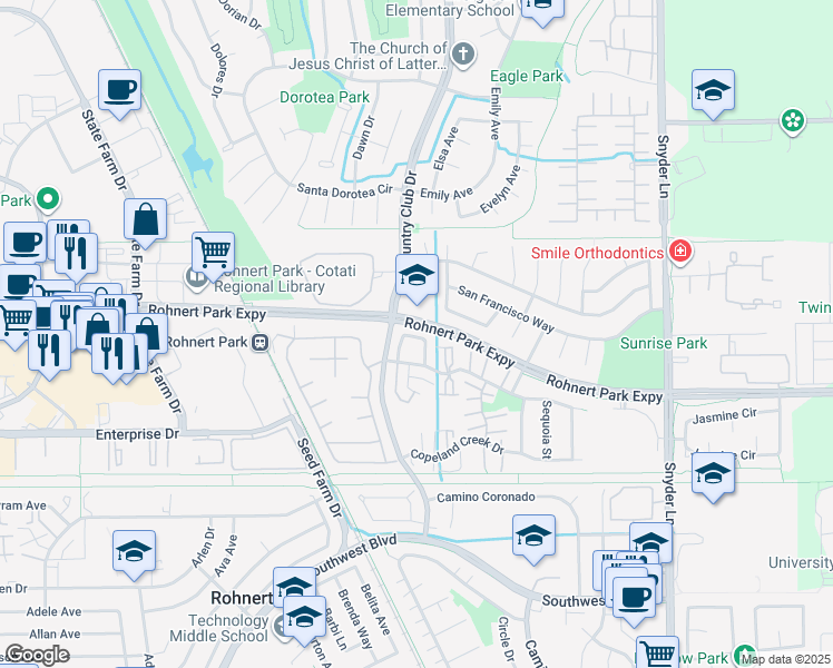 map of restaurants, bars, coffee shops, grocery stores, and more near 909 Civic Center Drive in Rohnert Park