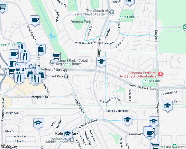 map of restaurants, bars, coffee shops, grocery stores, and more near 6351 Country Club Drive in Rohnert Park