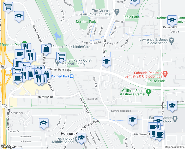 map of restaurants, bars, coffee shops, grocery stores, and more near 6351 Country Club Drive in Rohnert Park