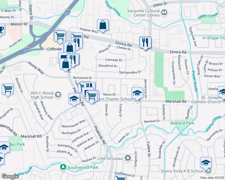 map of restaurants, bars, coffee shops, grocery stores, and more near 403 Elsinore Drive in Vacaville