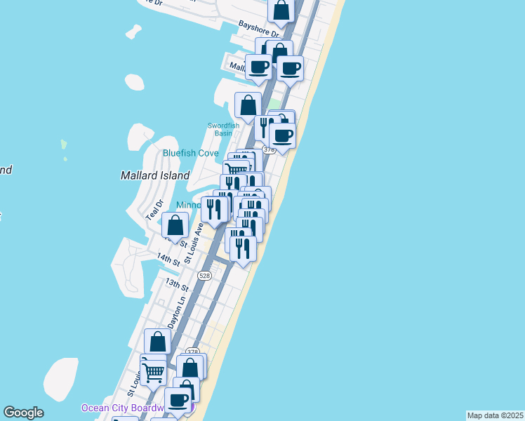 map of restaurants, bars, coffee shops, grocery stores, and more near 1801 18th Street in Ocean City