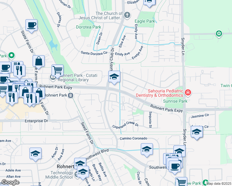 map of restaurants, bars, coffee shops, grocery stores, and more near 928 Civic Center Drive in Rohnert Park
