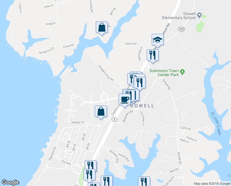 map of restaurants, bars, coffee shops, grocery stores, and more near 410 Badgers Lane in Solomons