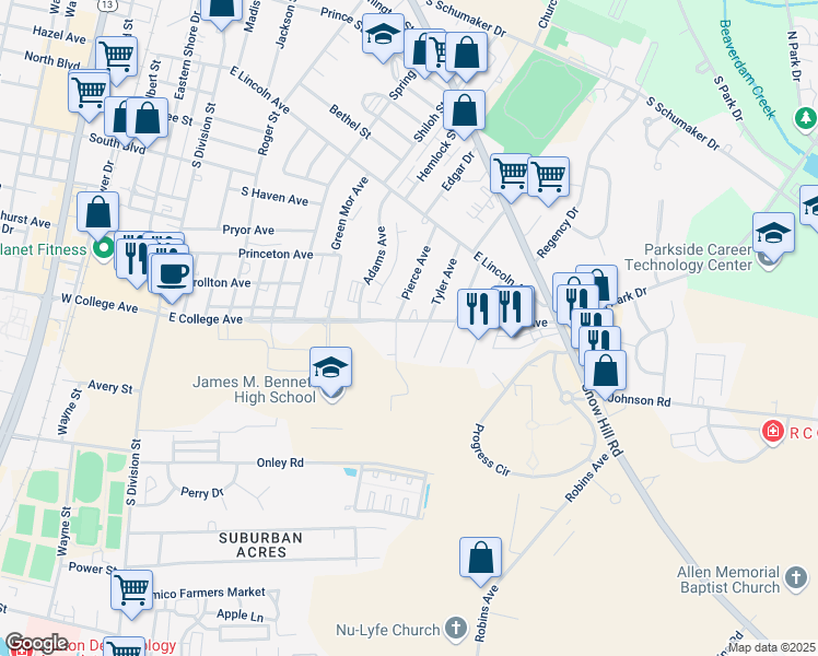 map of restaurants, bars, coffee shops, grocery stores, and more near 504 East College Avenue in Salisbury