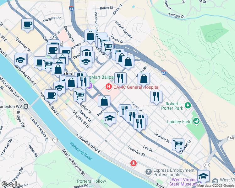 map of restaurants, bars, coffee shops, grocery stores, and more near 501 Morris Street in Charleston