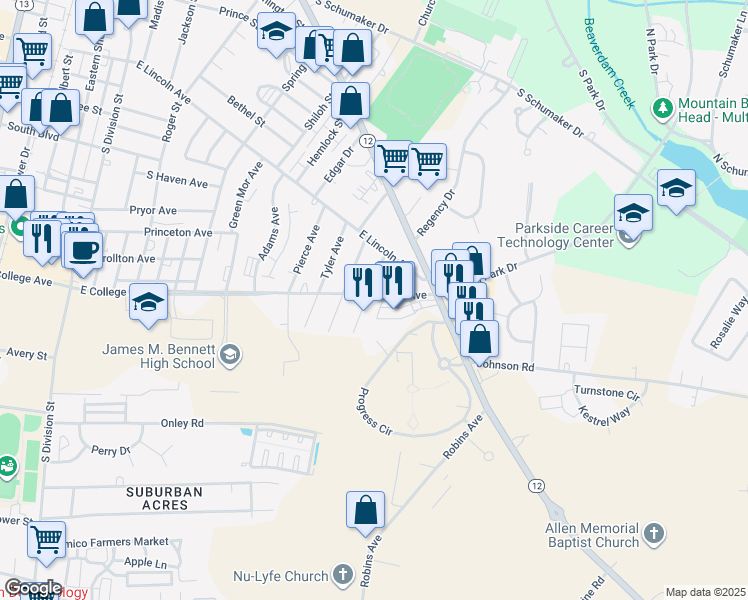 map of restaurants, bars, coffee shops, grocery stores, and more near 712 East College Avenue in Salisbury