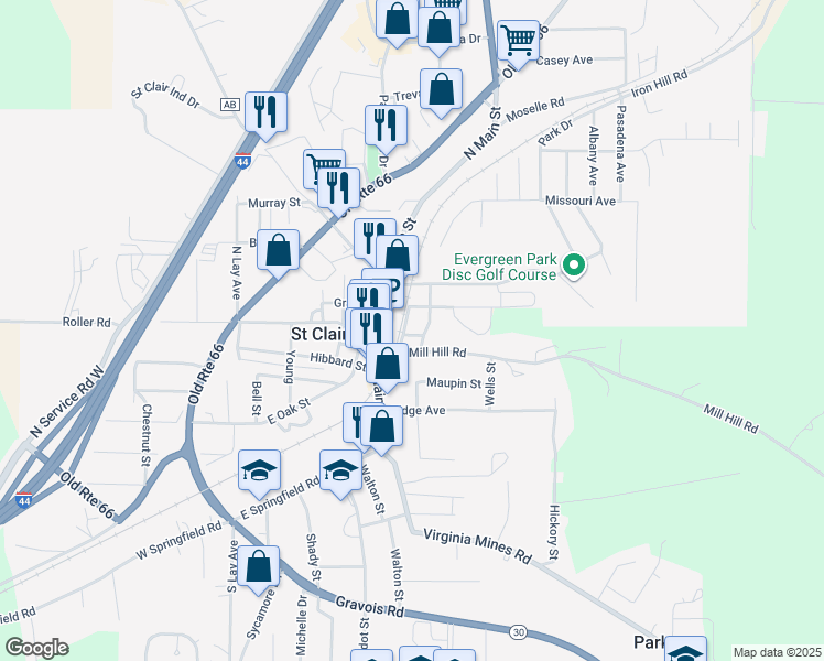 map of restaurants, bars, coffee shops, grocery stores, and more near 10 North Frisco Street in Saint Clair