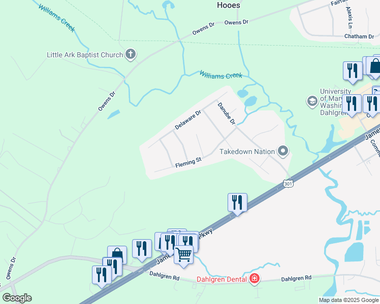 map of restaurants, bars, coffee shops, grocery stores, and more near 4409 Savannah Street in King George