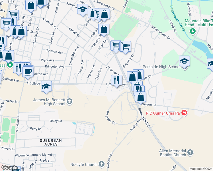 map of restaurants, bars, coffee shops, grocery stores, and more near 708 East College Avenue in Salisbury