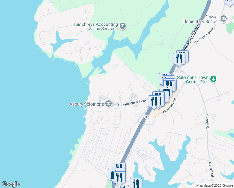 map of restaurants, bars, coffee shops, grocery stores, and more near 13441 Stowaway Court in Solomons