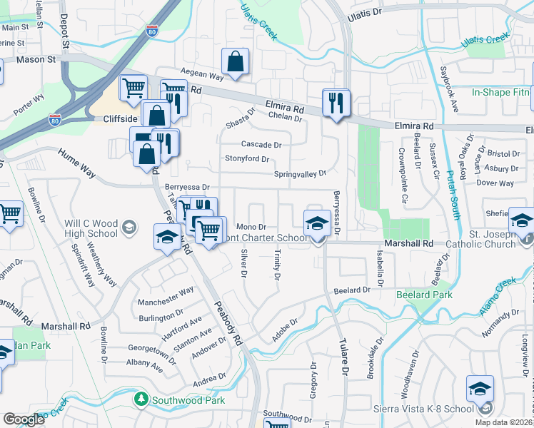 map of restaurants, bars, coffee shops, grocery stores, and more near 408 Elsinore Drive in Vacaville