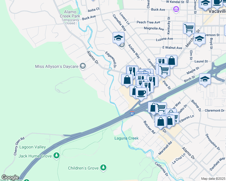 map of restaurants, bars, coffee shops, grocery stores, and more near 911 El Camino Avenue in Vacaville