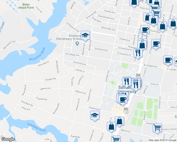 map of restaurants, bars, coffee shops, grocery stores, and more near 425 Loblolly Lane in Salisbury