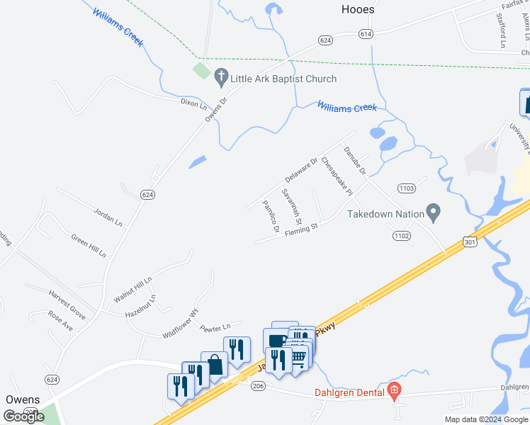map of restaurants, bars, coffee shops, grocery stores, and more near 4388 Pamlico Drive in King George