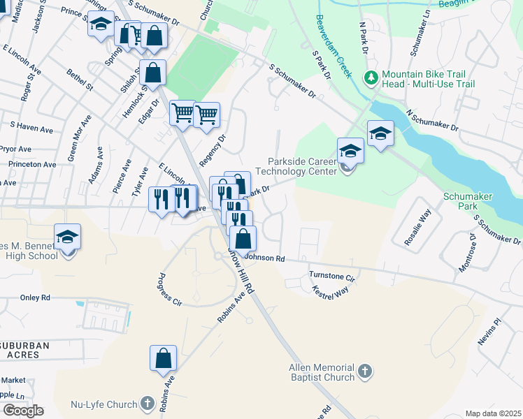 map of restaurants, bars, coffee shops, grocery stores, and more near 906 Tamarac Drive in Salisbury