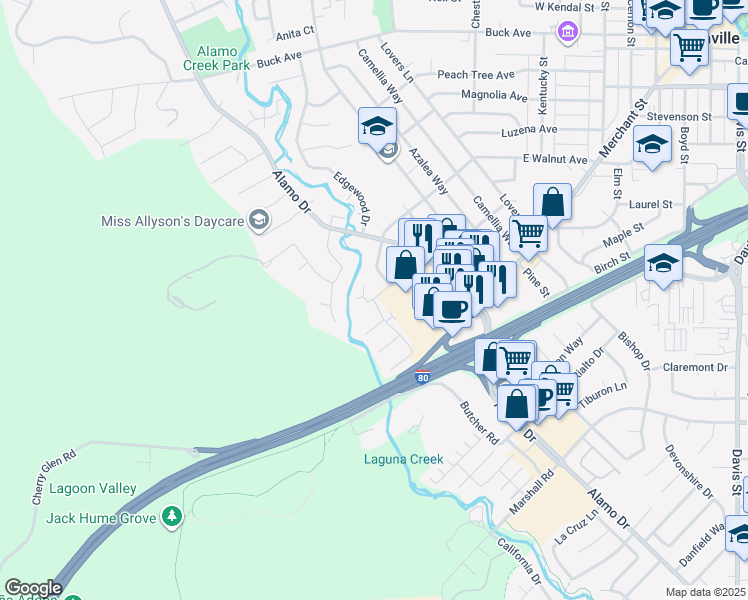 map of restaurants, bars, coffee shops, grocery stores, and more near El Camino Avenue & Fairoaks Drive in Vacaville