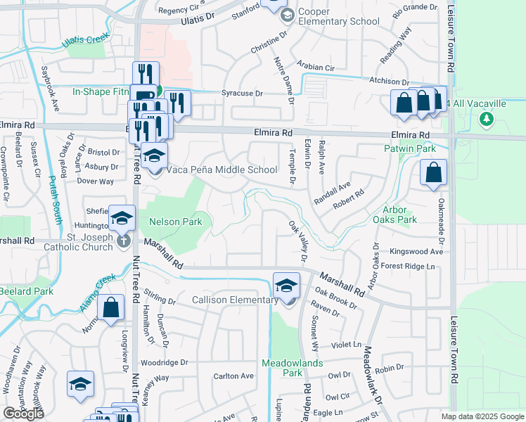 map of restaurants, bars, coffee shops, grocery stores, and more near Oak Valley Dr & Loch Lomond Dr in Vacaville