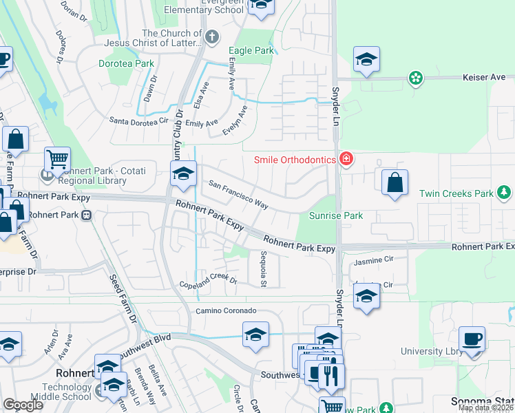 map of restaurants, bars, coffee shops, grocery stores, and more near 6375 San Simeon Drive in Rohnert Park