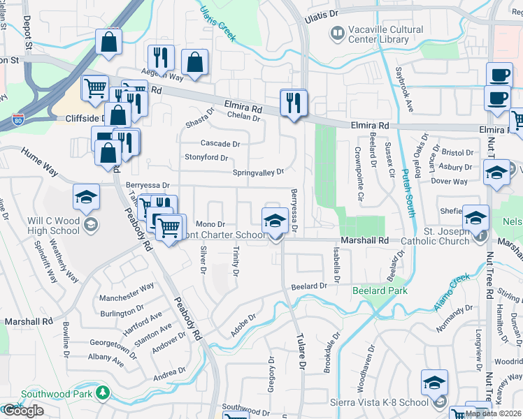 map of restaurants, bars, coffee shops, grocery stores, and more near 403 Havasu Drive in Vacaville