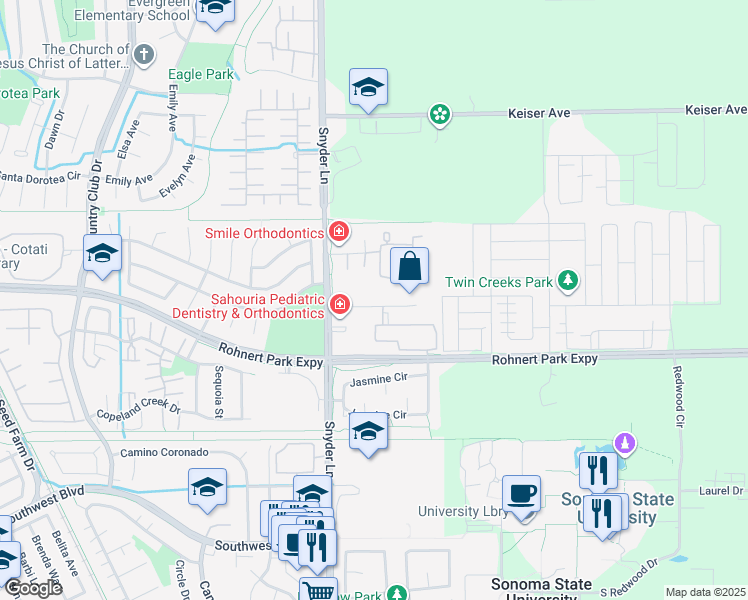 map of restaurants, bars, coffee shops, grocery stores, and more near 1350 Medical Center Drive in Rohnert Park