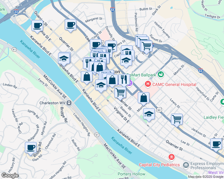 map of restaurants, bars, coffee shops, grocery stores, and more near 1120 Quarrier Street in Charleston