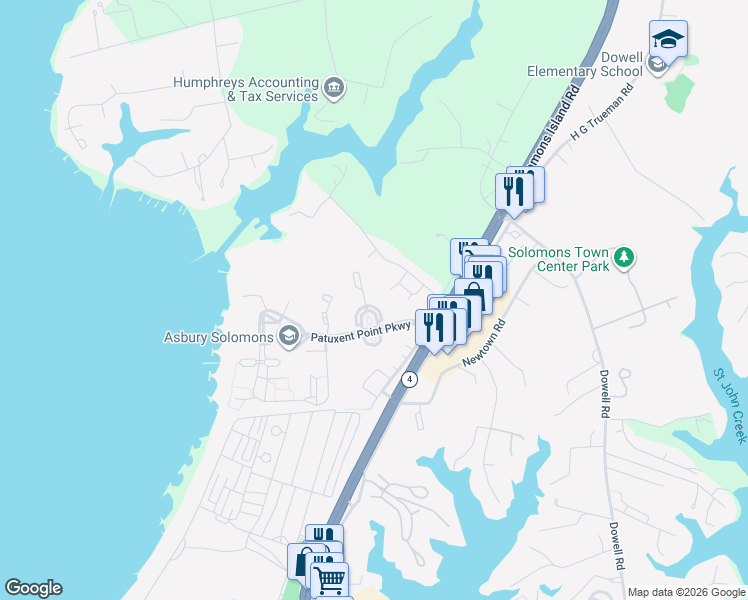 map of restaurants, bars, coffee shops, grocery stores, and more near 13208 Clipper Circle in Solomons