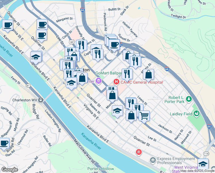 map of restaurants, bars, coffee shops, grocery stores, and more near 1198 Washington Street East in Charleston