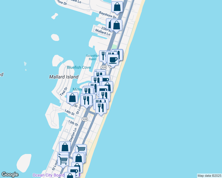 map of restaurants, bars, coffee shops, grocery stores, and more near 1801 18th Street in Ocean City