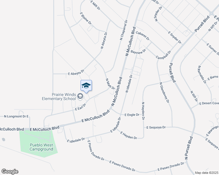 map of restaurants, bars, coffee shops, grocery stores, and more near 597 East Earl Drive in Pueblo West