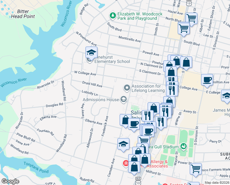 map of restaurants, bars, coffee shops, grocery stores, and more near 415 Loblolly Lane in Salisbury