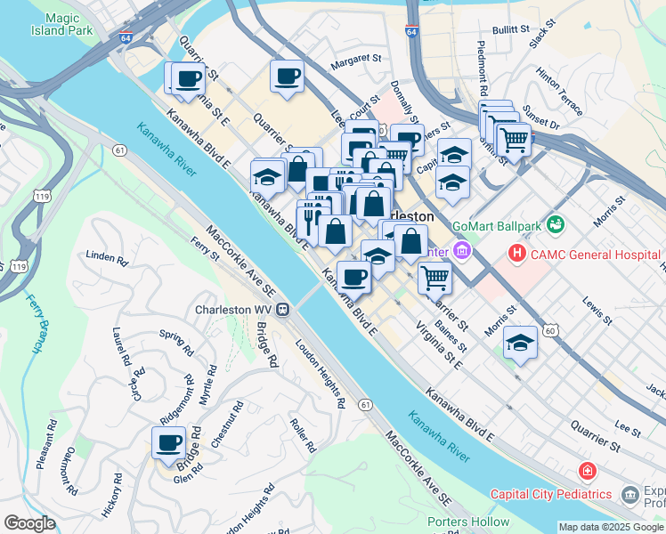 map of restaurants, bars, coffee shops, grocery stores, and more near 925 Kanawha Boulevard East in Charleston