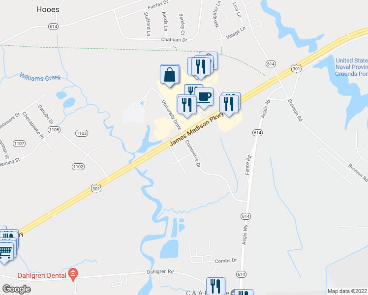 map of restaurants, bars, coffee shops, grocery stores, and more near 16442 Commerce Drive in King George