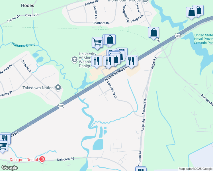 map of restaurants, bars, coffee shops, grocery stores, and more near 16442 Commerce Drive in King George