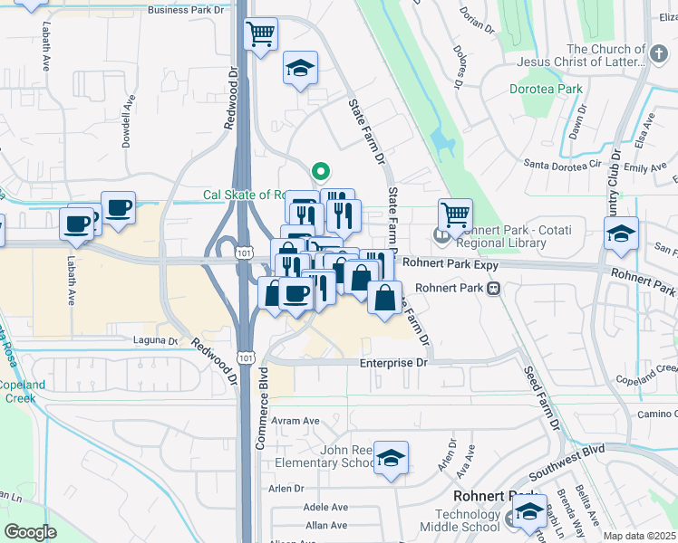map of restaurants, bars, coffee shops, grocery stores, and more near 6332 Commerce Blvd in Rohnert Park