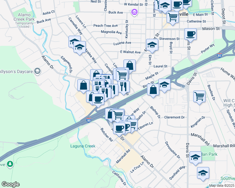 map of restaurants, bars, coffee shops, grocery stores, and more near 911 Merchant Street in Vacaville