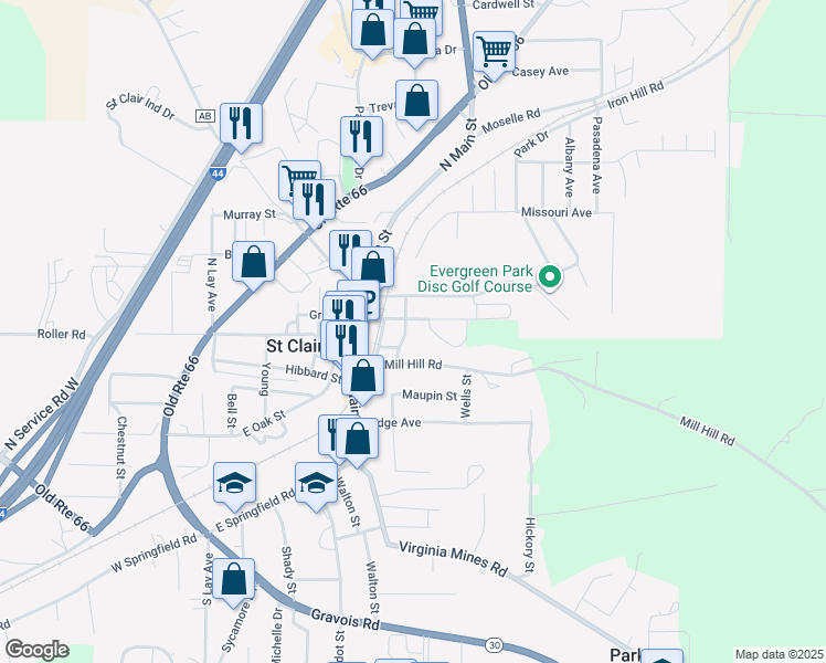 map of restaurants, bars, coffee shops, grocery stores, and more near 10 North Frisco Street in Saint Clair